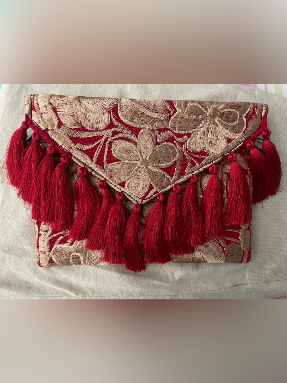 Embroidered Red and Gold Tassel Clutch